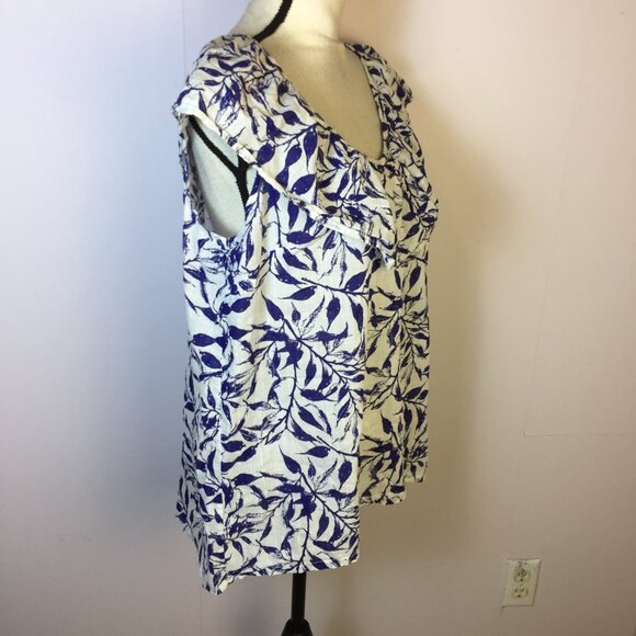 Caffe Marrakesh Blouse Top Sz L Womans Blue Leaf Print Ruffle V-neck Sleeveless - Picture 2 of 14